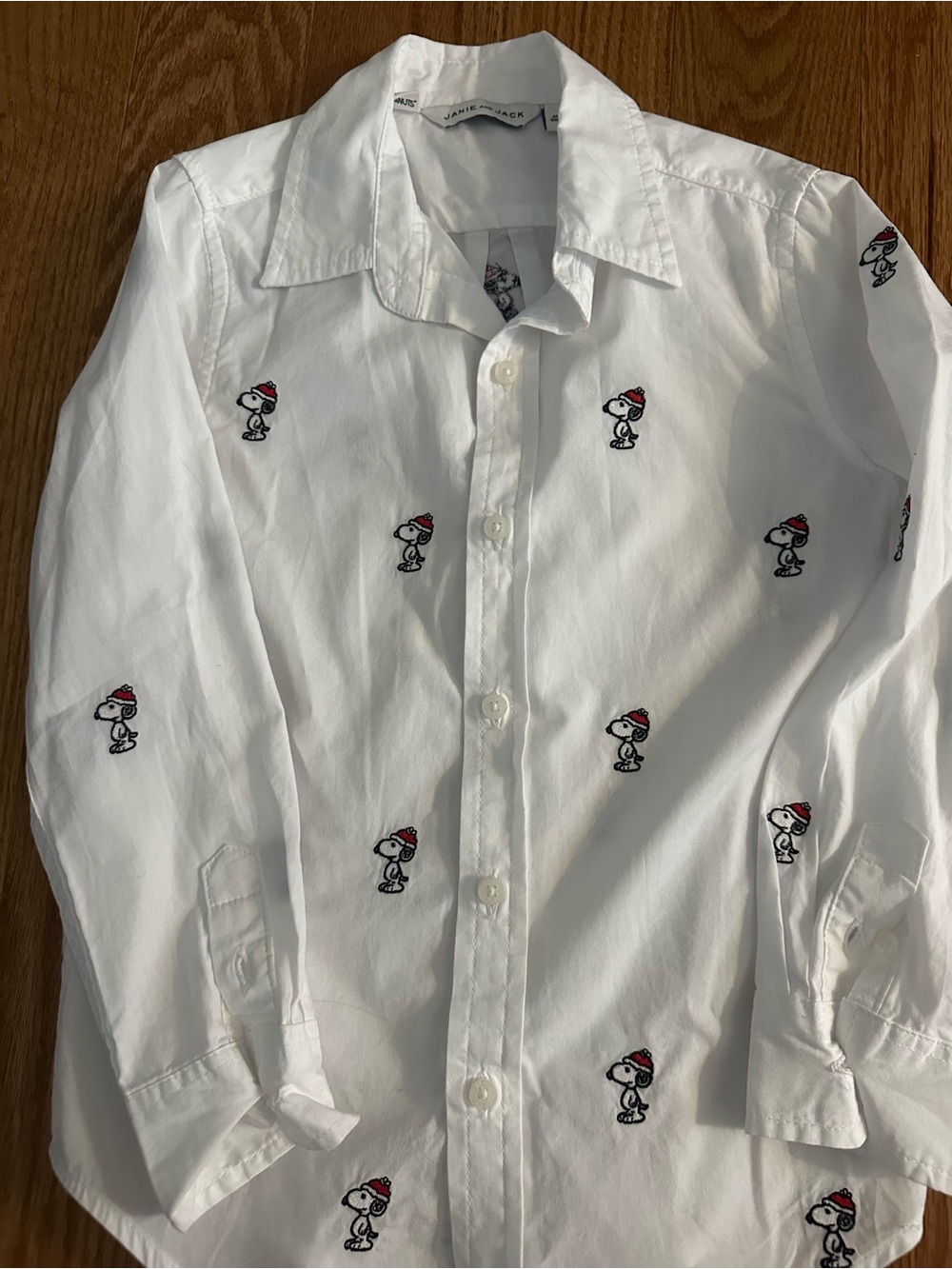 Janie and Jack White Button-Down Shirt with Santa Snoopy Embroidery Boys Size 5